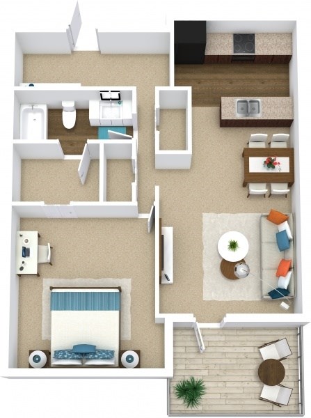 Floor plan for 1 bed, 1 bath, 704 sqft